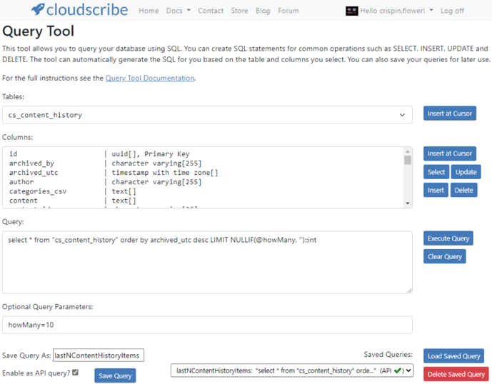 screenshot of the cloudscribe Query Tool